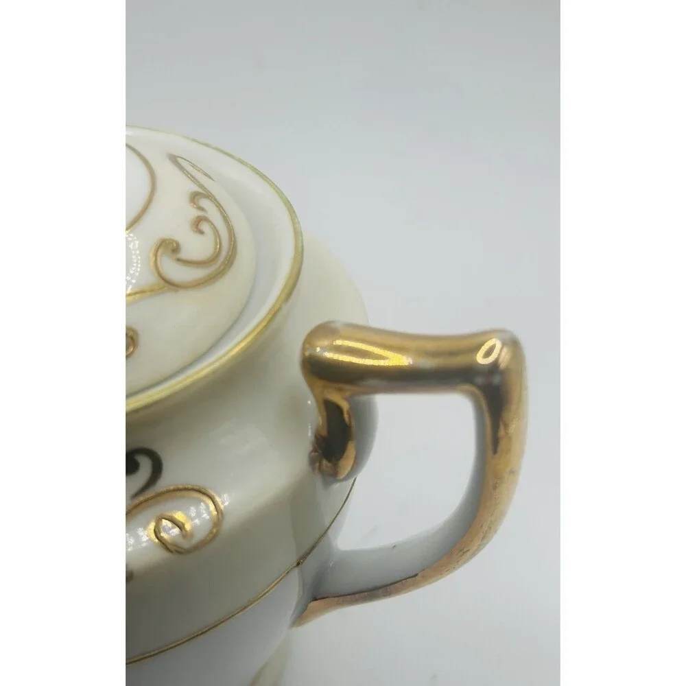 Vintage HANO Painted Japan Covered Sugar Bowl Gold Scroll Handles
